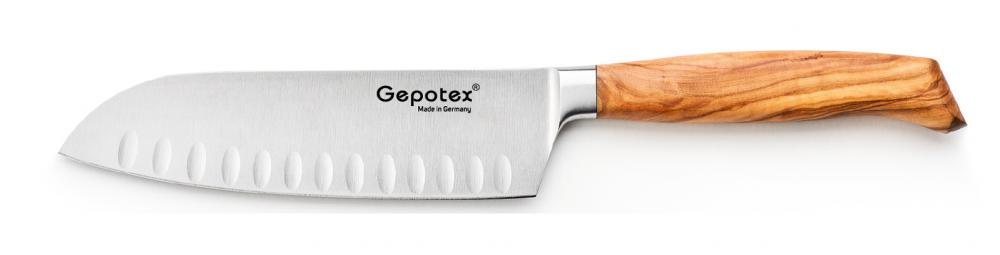 Gepotex ® Santokumesser mit Kullen 16cm Klinge Griff aus Olivenholz (g100916)
